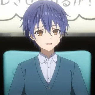😓 anime, male, character, blue hair, sad, indoors, television telegram sticker