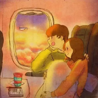 🛩 pasangan, pesawat, perjalanan, romansa, langit, matahari terbenam, kasih sayang, jendela telegram sticker