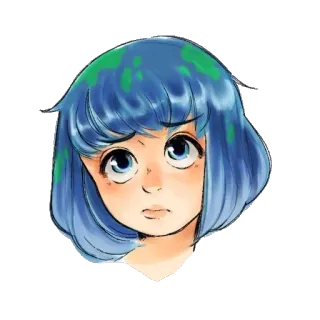 😶 terra, menina, planeta, cabelo azul, fofo, ilustração, adesivo telegram sticker