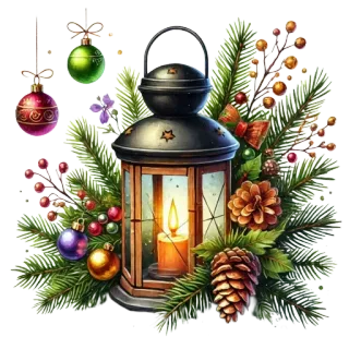 🎄 คริสต์มาส, วันหยุด, โคมไฟ, เครื่องประดับ, ลูกสน, เขียวชอุ่ม whatsapp sticker