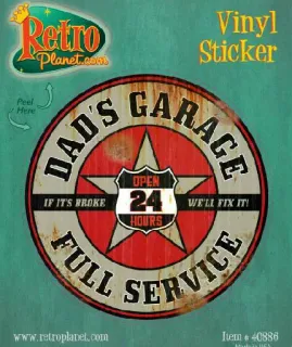 😊 DAD'S GARAGE
IF IT'S BROKE WE'LL FIX IT!
OPEN
24
HOURS
FULL SERVICE
Retro
Planet.as
Vinyl
Sticker garagem, retrô, vintage, serviço, adesivo whatsapp sticker