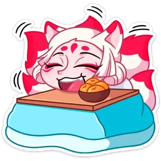 😊 キツネ, アニメ, かわいい, キャラクター, 食べる, 幸せ, 赤, 白 telegram sticker