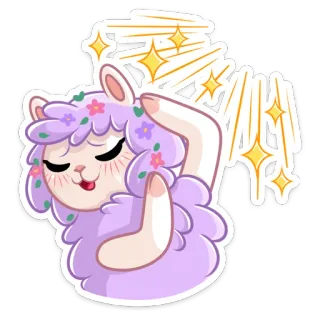 😔 lama, alpaca, carino, cartone animato, animale, viola, fiori, brillantini whatsapp sticker
