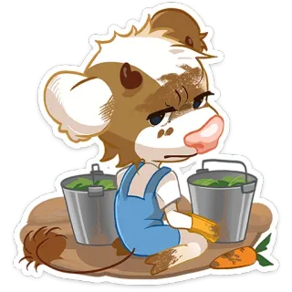😕 동물, 의인화, 소, 귀여운, 만화, 농부, 농장, 당근 telegram sticker