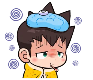 🤒 enfermo, mal, resfriado, fiebre, compresa fría, termómetro, estilo anime telegram sticker