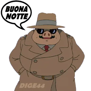 🛌 BUONA NOTTE porco, detetive, chapéu, casaco, desenho animado, boa noite, italiano telegram sticker