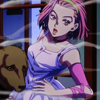 🍡 Yukako Yamagishi JoJo's Bizarre Adventure Anime, rosa Haare, Hund, Charakter, Frau telegram sticker