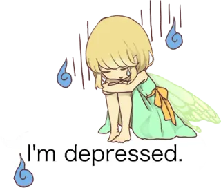 😔 I'm depressed. 悲しい, 妖精, 落ち込み, 泣く, アニメ telegram sticker