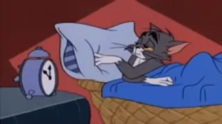 🥱 Tom Cat Tom and Jerry Cartoon, Katze, verschlafen, Wecker, Bett, müde telegram sticker