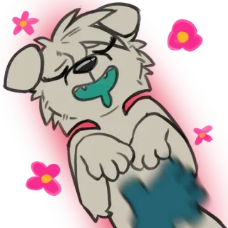 🥵 dog, puppy, furry, cute, drool, flowers, pink background, cartoon whatsapp sticker