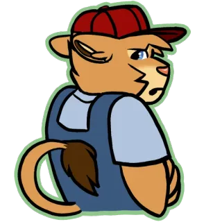 😒 anthropomorphe, lion, salopette, casquette, personnage de dessin animé telegram sticker