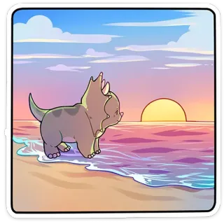 ☀️ 공룡, 트리케라톱스, 해변, 바다, 일몰, 귀여운, 만화 telegram sticker