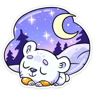 😴 niedźwiedź polarny, śpiący, księżyc, gwiazdy, zima, noc telegram sticker