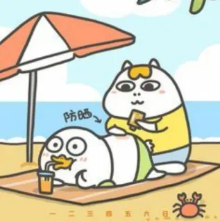 🐣 防晒 ครีมกันแดด, เป็ด, แมว, ชายหาด, การ์ตูน telegram sticker