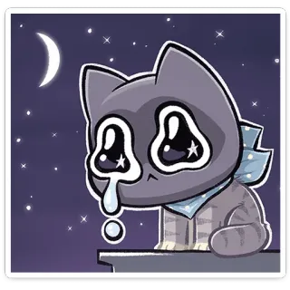 ⭐ 猫, 泣く, 悲しい, 動物, 夜, 月, 星 telegram sticker