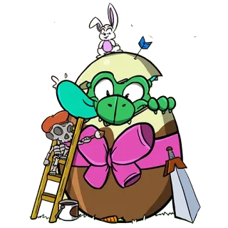 🐉 oeuf, pâques, dinosaure, lapin, dessin animé, squelette, épée whatsapp sticker