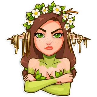 🤔 woman, fairy, forest, leaves, green, flower crown, angry, crossed arms telegram sticker