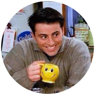 ☕ Joey Tribbiani Friends Joey Tribbiani, Friends, TV Serie, Comedy, lächeln, Kaffeebecher whatsapp sticker