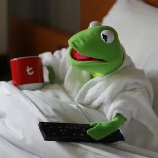 🤢 Kermit Kermit the Frog, puppet, coffee, remote, relaxation, bed telegram sticker