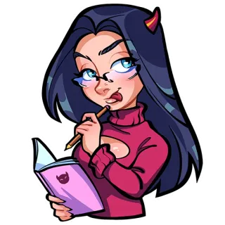 🤩 wanita, iblis, buku, seksi, kartun, menulis, berpikir, merah muda telegram sticker