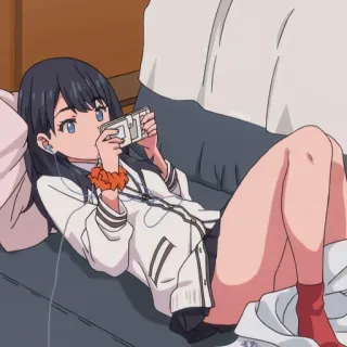 📱 Anime, Mädchen, Entspannung, Schlafzimmer, Kopfhörer, liegend, Musik telegram sticker