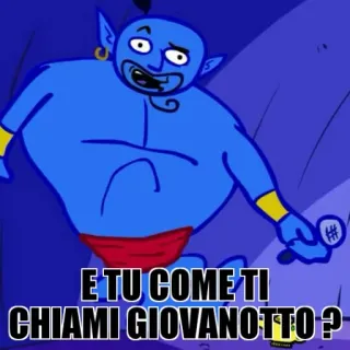 😊 E TU COME TI CHIAMI GIOVANOTTO? Cartone animato, Personaggio blu, Genio, Italiano, Domanda, Divertente telegram sticker