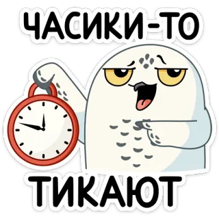⏳ ЧАСИКИ-ТО
ТИКАЮТ coruja, relógio, tempo, desenho animado, adesivo, russo telegram sticker
