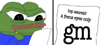 ❤️ Pepe the Frog top secret!!
4 frens eyes only
gm Pepe la Grenouille, Mème, Mème Internet, gm, top secret whatsapp sticker