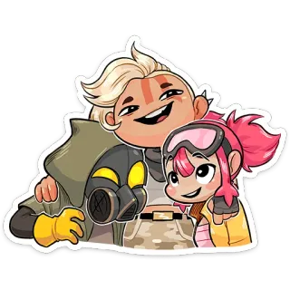 😃 Cartoon, Personnages, Masque à gaz, Gants jaunes, Cheveux roses, Souriant telegram sticker
