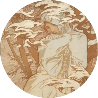 🌺 Alphonse Mucha, Jugendstil, Vintage, Winter, Schnee, Frau, Kunst telegram sticker