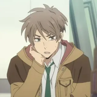 🔦 anime, ragazzo, personaggio, capelli castani, cravatta, giacca, contemplativo, studente telegram sticker