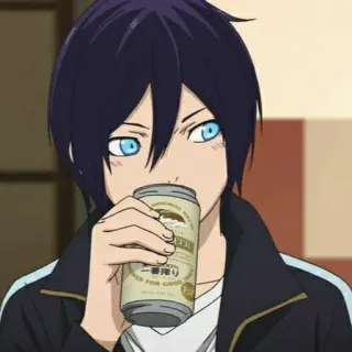 💈 Yato Noragami anime, personage, drinken, illustratie, blauwe ogen, zwart haar whatsapp sticker