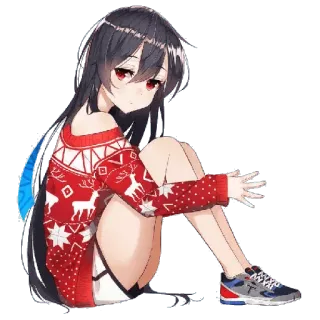 😞 สาวอนิเมะ, นั่ง, เสื้อสเวตเตอร์, คริสต์มาส, น่ารัก, การ์ตูน, ภาพประกอบ telegram sticker