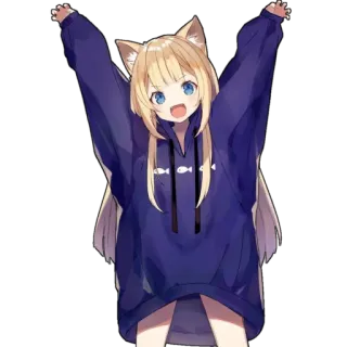😄 anime meisje, kattenoren, schattig, kawaii, blond haar, blauwe ogen, hoodie, vis telegram sticker