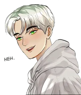 😎 Anime, Manga, Zielone oczy, Białe włosy, Bluza z kapturem, Sztuka, Postać telegram sticker