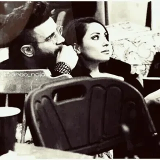 💛 @banoo_najafi couple, seated, black and white, indoors, portrait telegram sticker
