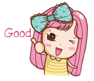 👍 Good Cartoon, Niedlich, Mädchen, Pinke Haare, Schleife, Gut, Daumen hoch, Positiv telegram sticker