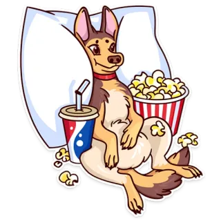 🍿 perro, dibujo animado, almohada, palomitas, bebida, relajado, relajar whatsapp sticker