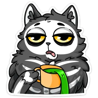 ☕ gato, esqueleto, soñoliento, cansado, café, lindo, dibujos animados whatsapp sticker