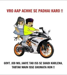 🌟 Cheems Doge VRO AAP ACHHE SE PADHAI KARO !! GOVT. JOB MIL JAAYE TAB ISS SE SHADI KARLENA, TABTAK MAIN ISSE GHUMATA HUN !! cheems, doge, memes, motorcycle, ktm, dating, humor telegram sticker