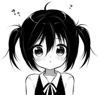 💦 gadis anime, gaya manga, hitam putih, tanda tanya, bingung, rambut kuncir dua telegram sticker