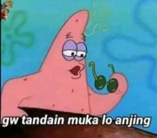 ➖ Patrick Star Spongebob Squarepants gw tandain muka lo anjing dessin animé, Patrick l'Étoile, Bob l'Éponge, lunettes, insulte, animé, mème telegram sticker