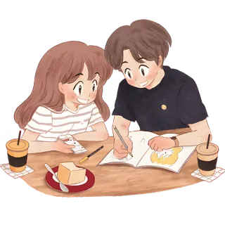 📚 couple, drawing, coffee, dessert, illustration, love, date whatsapp sticker