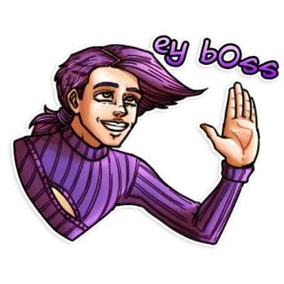 😀 ey boss ผมสีม่วง, โบกมือ, การ์ตูน, เฮ้ บอส, ทักทาย telegram sticker