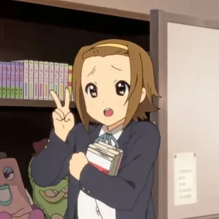 ✌️ Ritsu Tainaka K-On! anime, sinal de paz, livros, menina, desenho animado telegram sticker