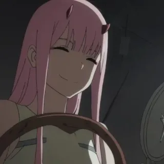🥡 Zero Two Darling in the Franxx anime, Zero Two, Darling in the Franxx, pink hair, horns, smiling telegram sticker