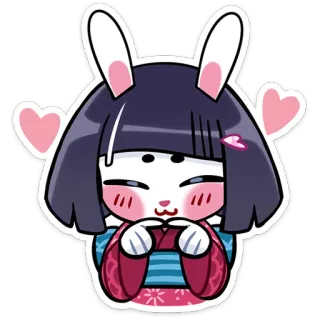☺️ coniglio, coniglietto, carino, kawaii, kimono, cuori, adesivo, cartone animato whatsapp sticker