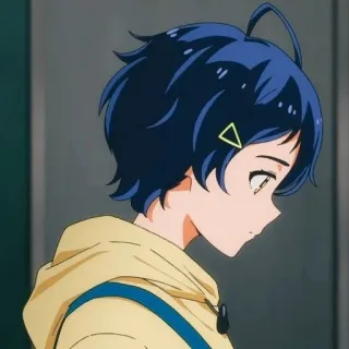💛 Anime, Garota, Personagem, Retrato, Amarelo, Azul, Triângulo, Triste telegram sticker