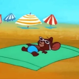 🖤 Jerry Tom and Jerry cartoon, mouse, sunglasses, beach, summer, relaxation, sunbathing telegram sticker