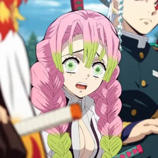 💕 Mitsuri Kanroji Demon Slayer Аниме, розовые волосы, зеленые глаза, женский пол, Клинок, рассекающий демонов, Мицури Канроджи telegram sticker